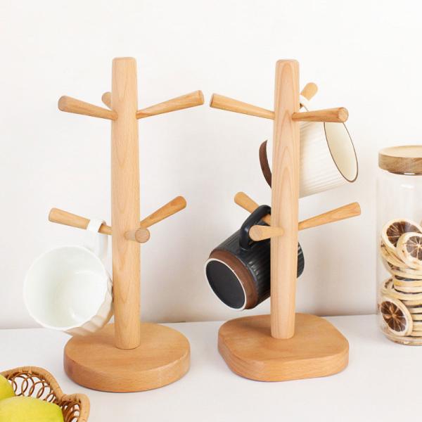 Wooden Bulk Kitchen Supplies Coffee Mug Rack Countertop Tree With 6 Hooks