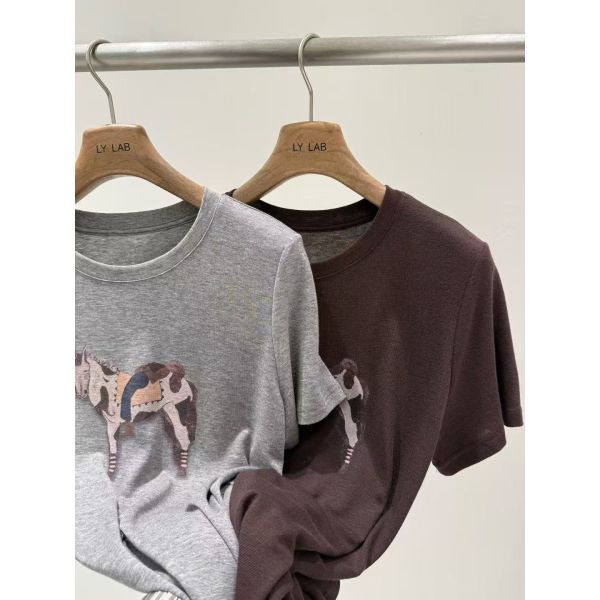 Spring and summer daily 82.3% Tencel 14.5% Wool 3.2% Spandex Black Coffee Cartoon Printed Tencel Wool T-shirt