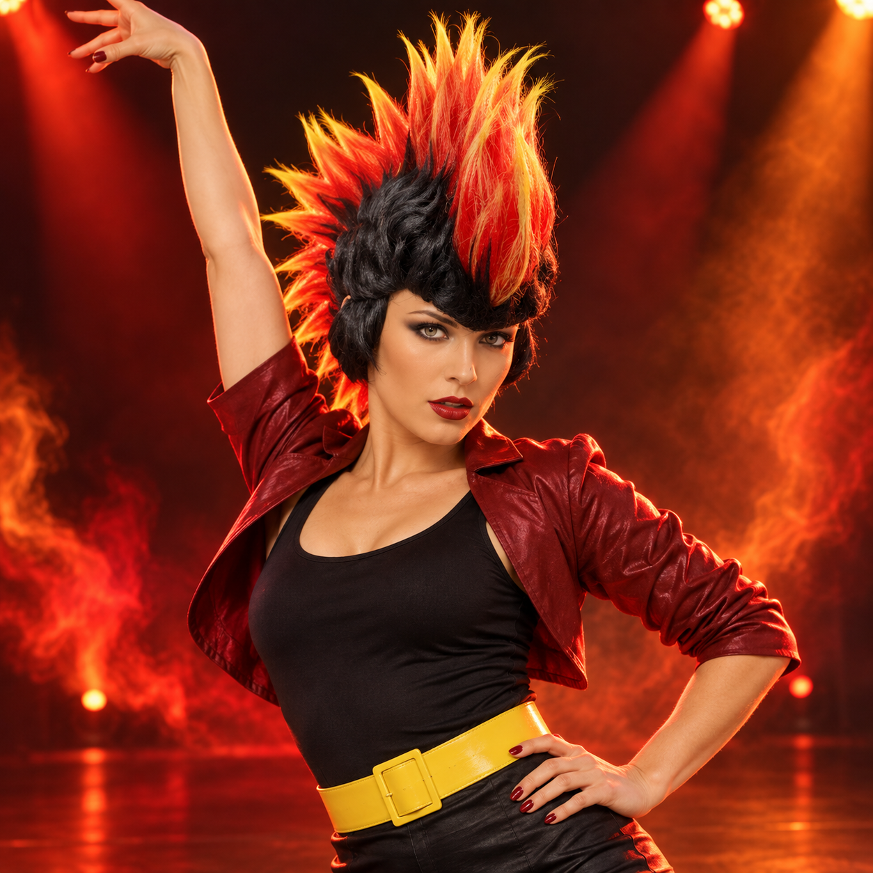 Black Red Yellow Mohawk Wig for Women, Spiky Flame Punk Rock Mohican Costume Wig, Synthetic Fiber, Ideal for Halloween, Rock Concert, Carnival, 80s Retro Party, Fancy Dress Cosplay Themed Stage
