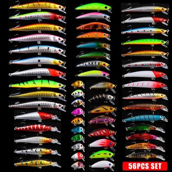 56pcs Hard Bass Bait Floating Carp Lure Kits Peche Leurre Fish Bait Set