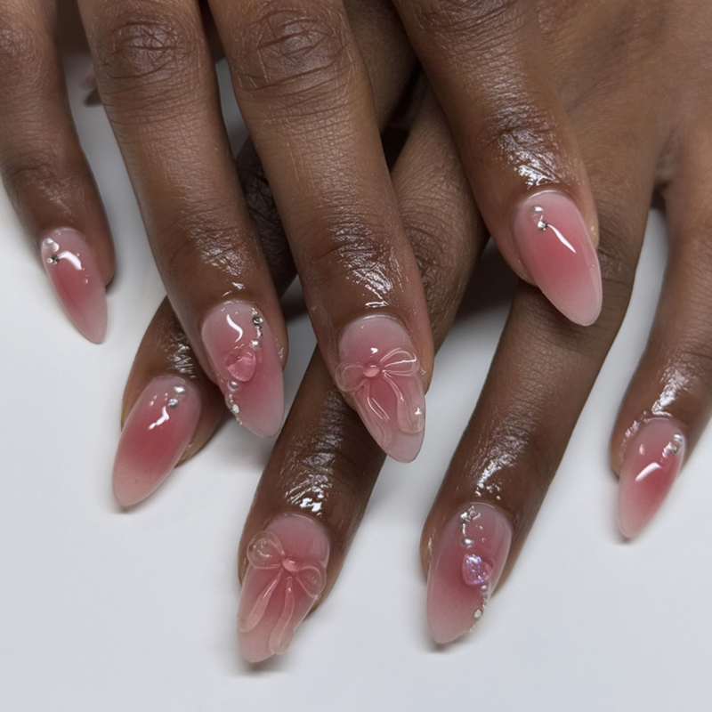 Long Almond Bow 3D Press On Nails Ombre No Nail Salon Visit Needed