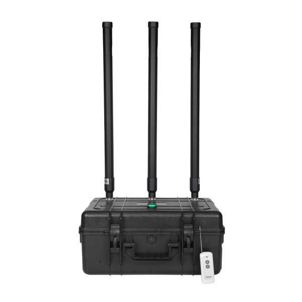 3 antennas 150W powerful briefcase design signal jammer blocks 2400-2500MHz,850-950MHz, 5725-5850MHz etc,. customizable signals, with a coverage range of up to 150 meters.
