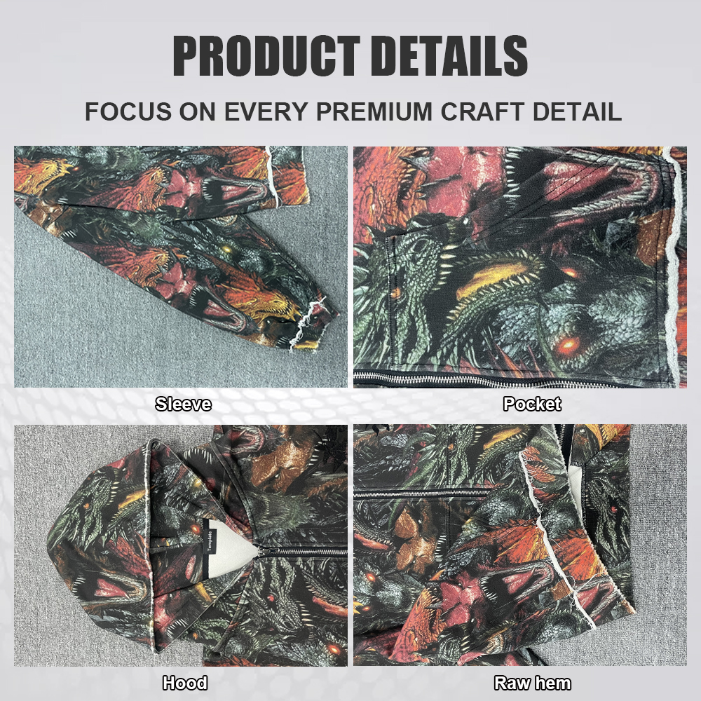 Tianan Custom Cotton Hoodies All Over Print Camo Dragon Graphic Embroidery Distressed Raw Hem Oversized Streetwear Men's Hoodie