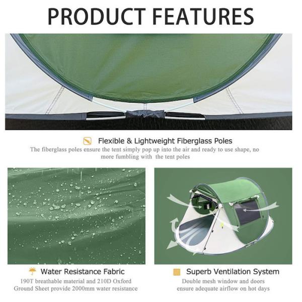 2 Person 245*148*100CM Green Waterproof Polyester Outdoor Camping Spacious Pop Up Boat Tent With Mesh Ventilation
