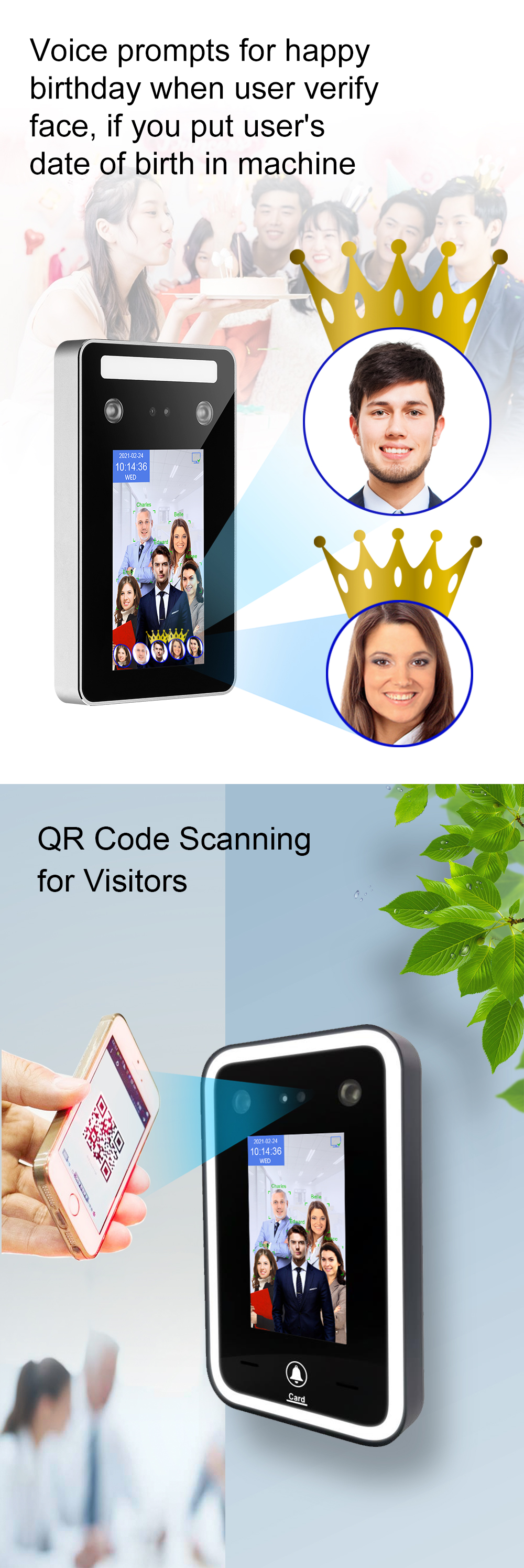 Wide Dynamic Face Recognition Fingerprint Time Attendance Terminal Free SDK
