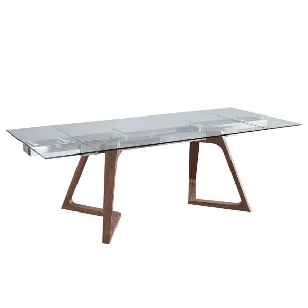 Tempered Glass Top Luxury Modern Dining Table Set Extendable With Walnut Veneer Legs