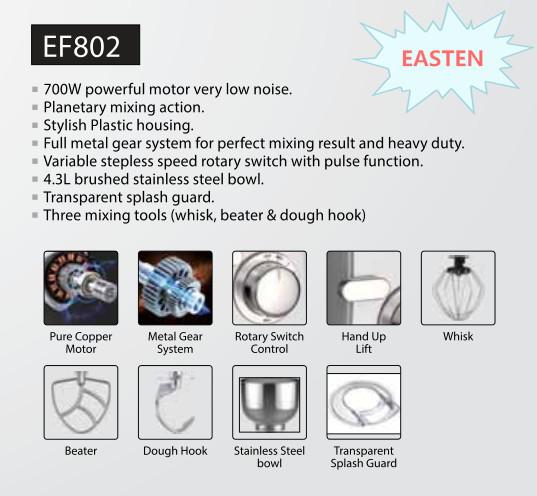 700W Die Cast Stand Mixer EF802 with Stainless Steel Bowl/ 8-speed Setting Home Plastic Stand Food Mixer Recipes