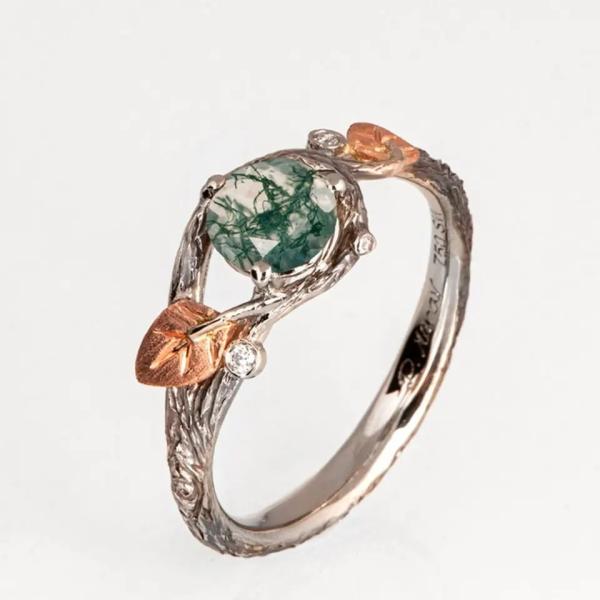 925 Silver Green Round Shaped Moss Crystal Meaning Agate Jewelry For Sale Unique Wedding Ring