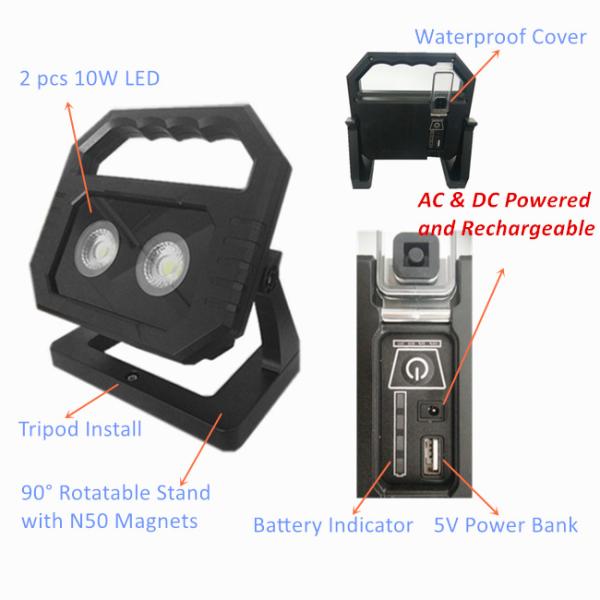 AC & DC Dual Power Source Handheld LED Work Light , Rechargeable Tripod Flood Light