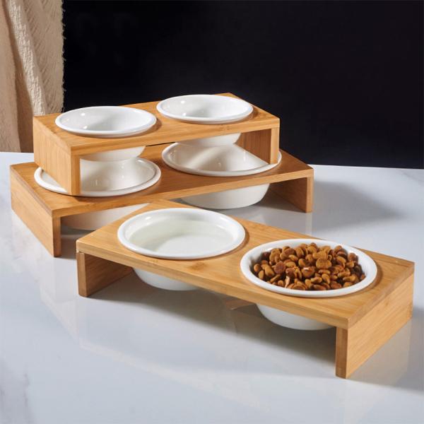 Elevated Double Bowl Frame Pet Ceramic Bowl Bamboo Wood Stand Ceramic Dog Bowls