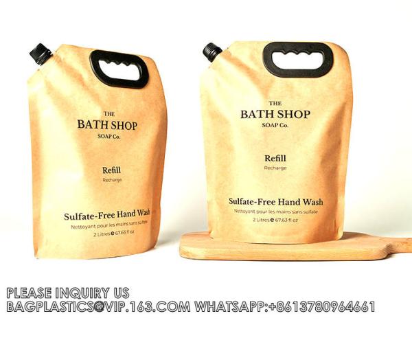 Eco-Friendly Kraft Paper Spout Pouch Shampoo Refill Bag Liquid Packaging Pouches Stand Up, Flat Bottom, Side Gusset