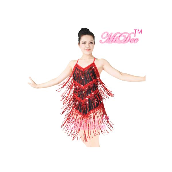 ODM Latin Dance Costumes Girl Sequin Tassels Red Dress Ballroom Dancing Dresses
