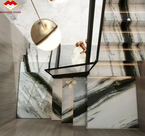 Modern Hotel Staircases Brothers Stone Panda White Marble Treads and Risers Anti Slip