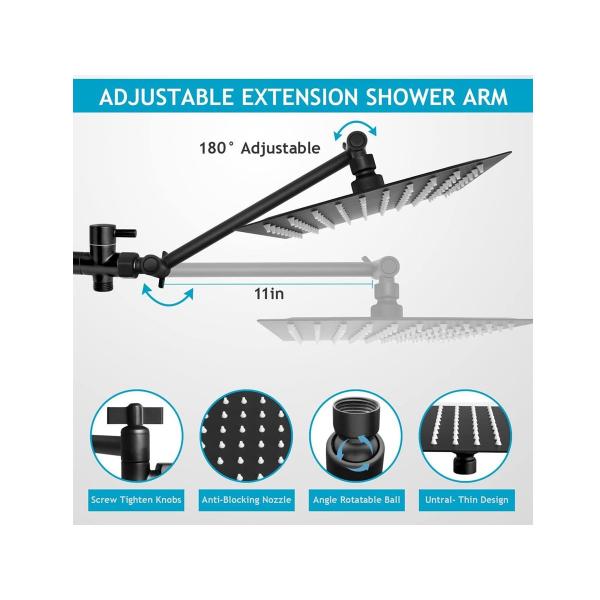 High Pressure Rain Shower Head With Adjustable Extension Arm And Handheld Function Hot Cold Water