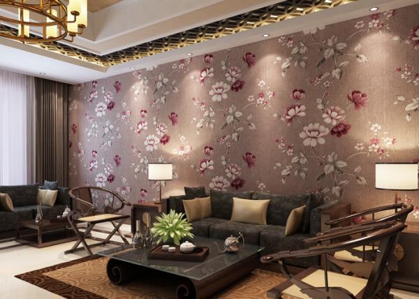 Luxury Coffee Color Country Vinyl Wallpaper With Floral Pattern for Living Room
