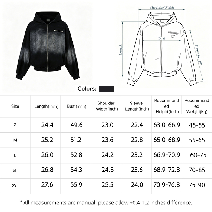 380GSM Men's Heavyweight Hoodie Gradient Vintage Wash Full Zip Hooded Jacket Oversized