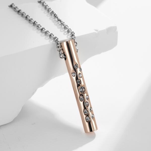 Stainless Steel Link Chain Bar Shape Necklace with Diamond Christian Pendant Rose Gold Plated