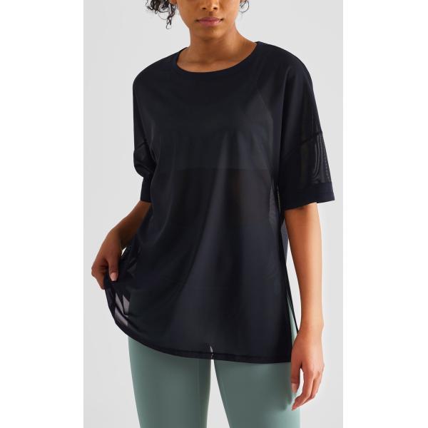 Double Sided Brocade Mesh Stitching Casual Sports Top Fitness Women'S Short Sleeve T - Shirt