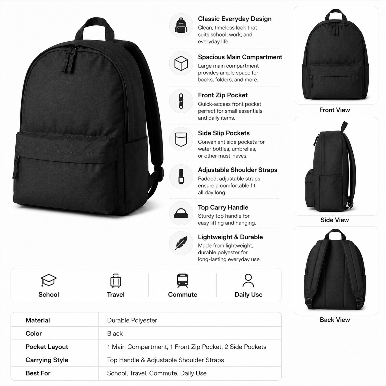 Classic Everyday Backpack for School, College & Travel - Lightweight Casual Daypack with Multiple Compartments for Men and Women, Black