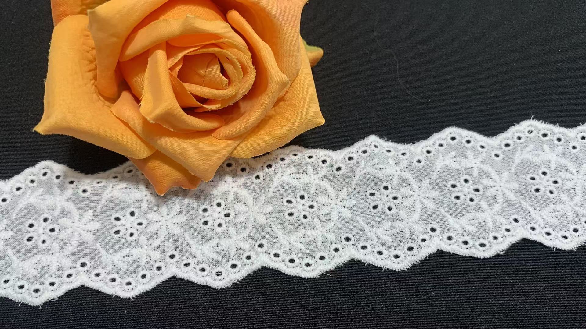 Cotton Chicken Lace Trim with Repeated Circular Floral Embroidery Wavy Scallop Edge and Soft Breathable Texture for Garment Trimming