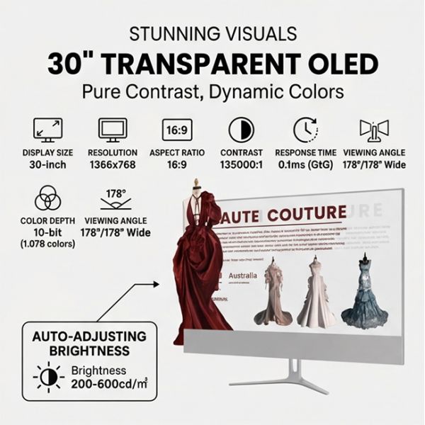 30 Inch Factory Custom High Quality Transparent Display OLED Touch Screen High Brightness Commercial Display Screen