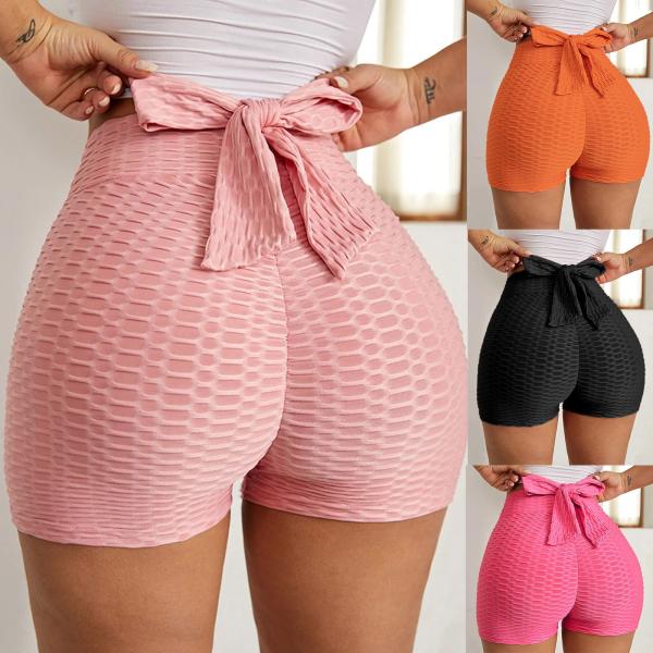 Quick Dry High Waist Yoga Sports Workout Shorts Bow Tie Textured Butt Lifting