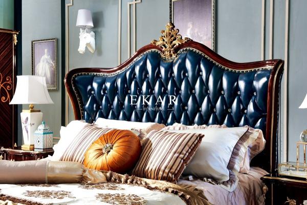 Antique Wooden Design Upholstered Leather Chesterfield Headboard King Size Bed
