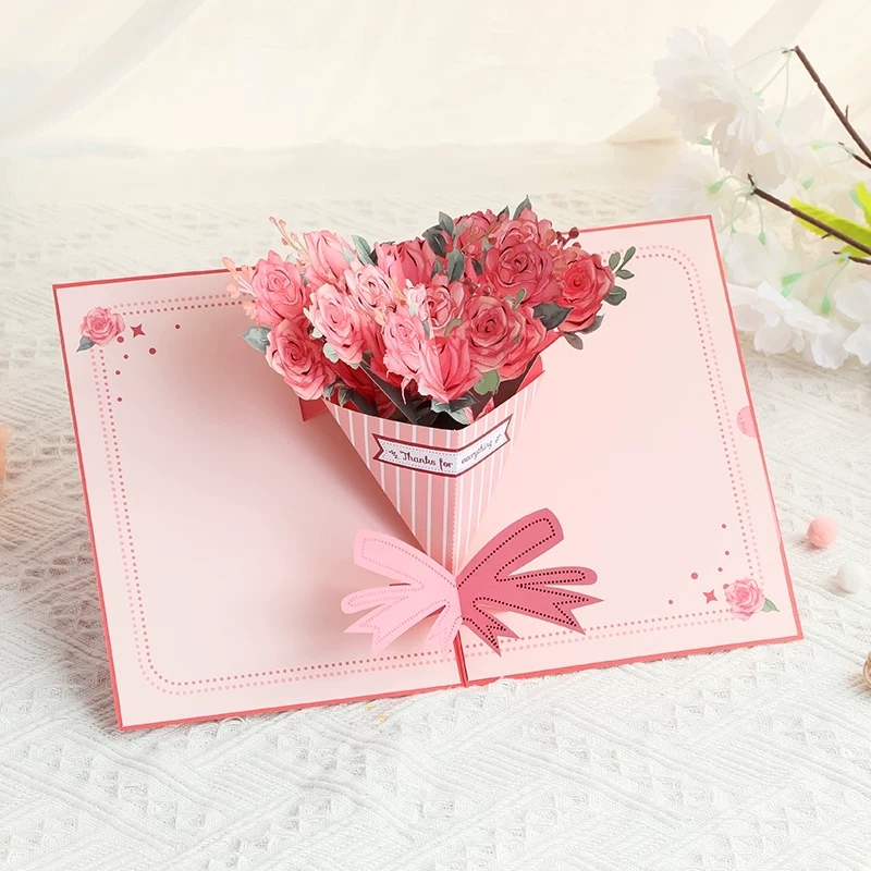 3D Floral Bouquet Pop Up Greeting Card With Striped Cone Design