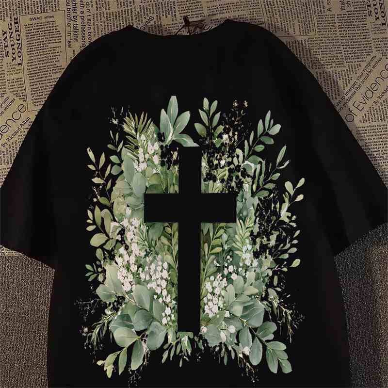 Men's Floral Cross Print Graphic T-Shirt in Soft Cotton Fabric for Streetwear Style