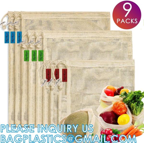 Natural Cotton Double Drawstring Reusable Eco Friendly Grocery Bag Shopping Net Produce OrganicMesh Fruit Bag