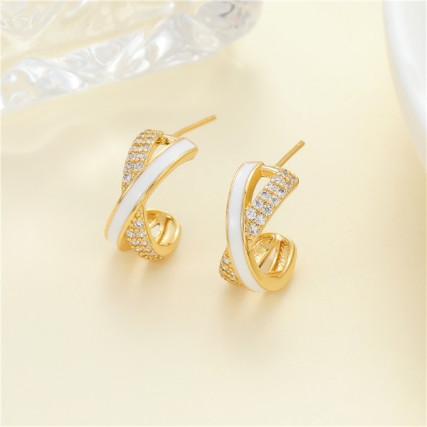 Jiexing Wholesale Trendy Drop Oil CZ Design X-shape Stud Earring Enamel White Black Color Jewelry Accessory for Women