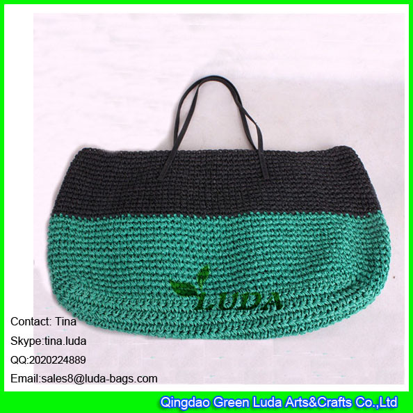 LUDA  women striped leather handels paper straw crochet tote bag