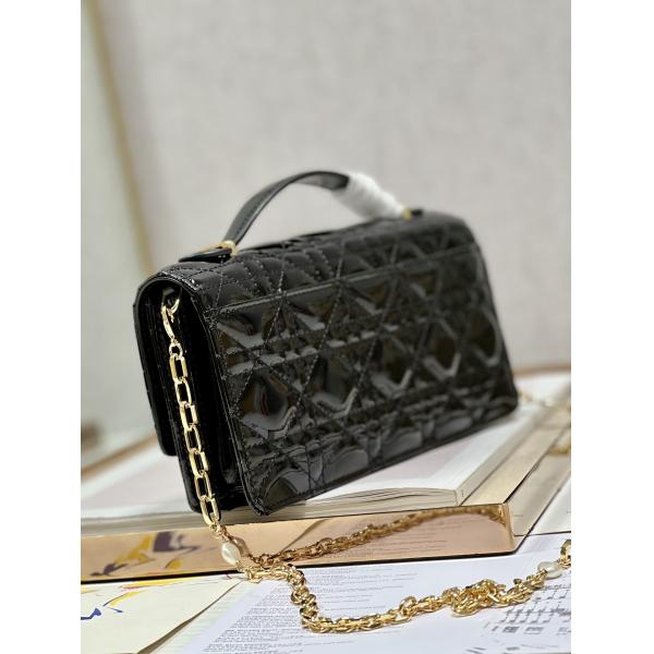 Branded Lady Dior Patent Clutch Small Pearl Black Flip Closure