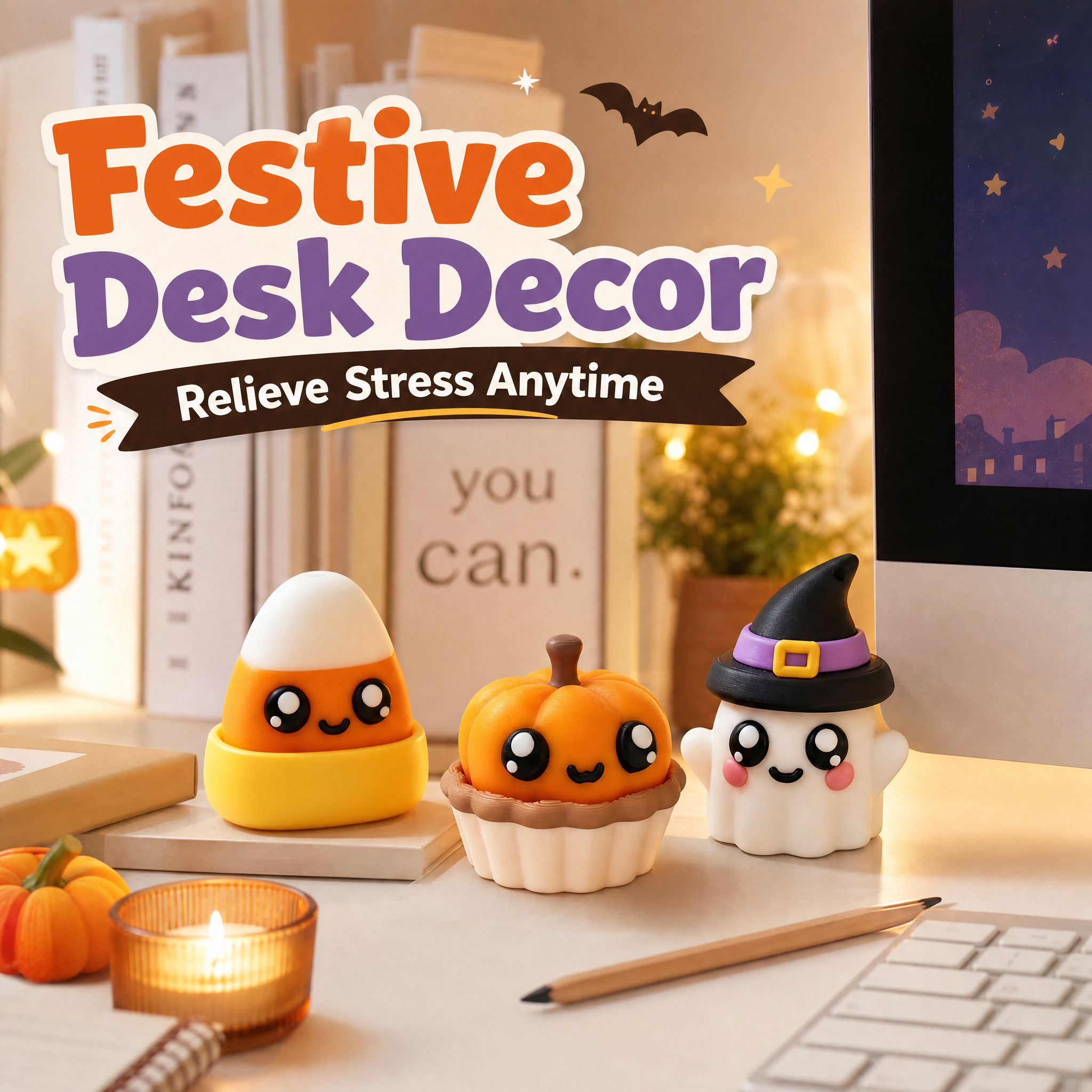Cute Cartoon Ghost Pumpkin Candy Corn 3D Printed Holiday Decoration with Fidget Pop Function