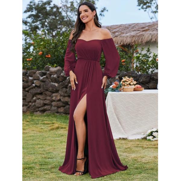 Plus Size Ruffled Long Sleeve High Slit Off-shoulder High Slit Pink Chiffon Bridesmaid Dresses