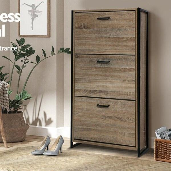 MDF Wooden 3 Tiers Flip Down Shoe Rack Furniture Organizer Cabinet For Home