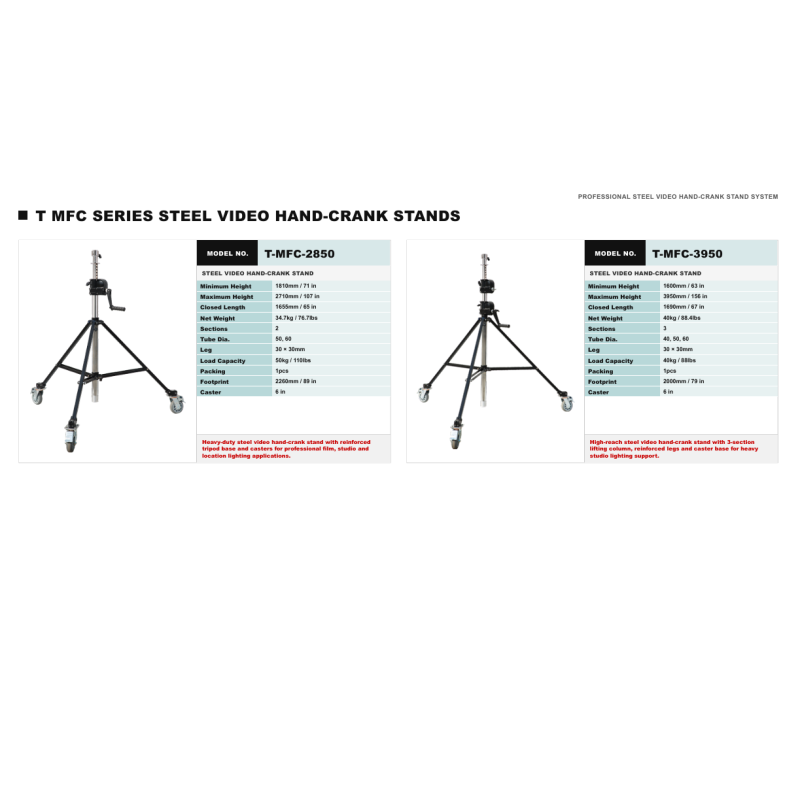 TMFC Series Steel Crank-Up Film Stand with 40kg Load Capacity 7.2m Max Height Heavy-Duty Construction