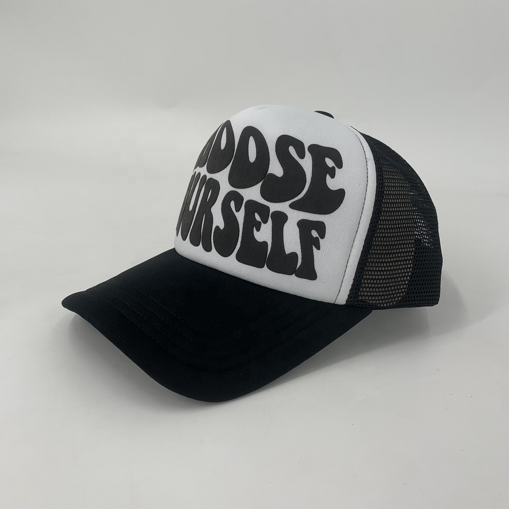 5 Panel 100% Polyester Mesh Trucker Hat Two Tone Custom logo 3d Puff Printing