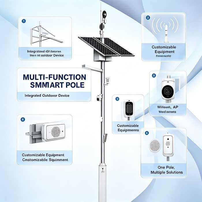 Multi‑Sensor Solar Smart Pole, Weather Monitoring, Broadcasting Speaker & HD Surveillance Camera