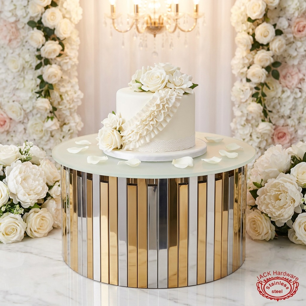 WENDING Silver & Gold Dual-Color Cylinder Dessert Display Stand – Frosted Glass Compact Pedestal