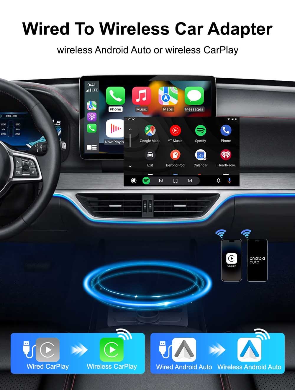 RoHS Wireless Carplay Android Auto Adapter ARM Cortex A7 Core 1GHz