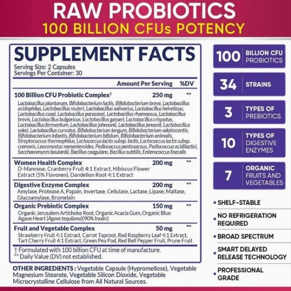 Women Probiotics Capsules Digestive Support Gut Health Prebiotic Pills 100 Billion Cfus