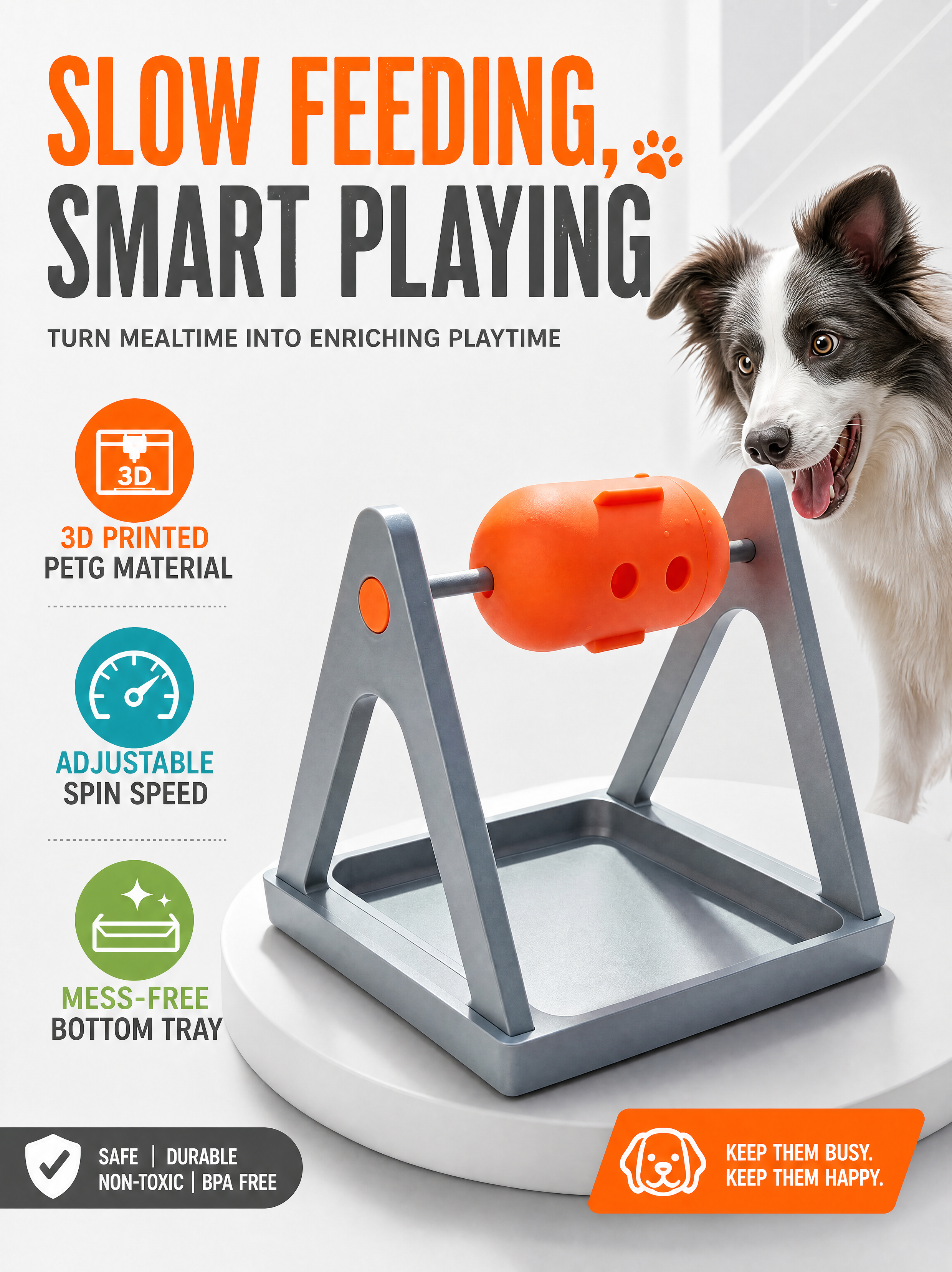 Smooth Layered Craft 3D Printed Pet Accessories with Detachable Orange Roller for Small Canine Training