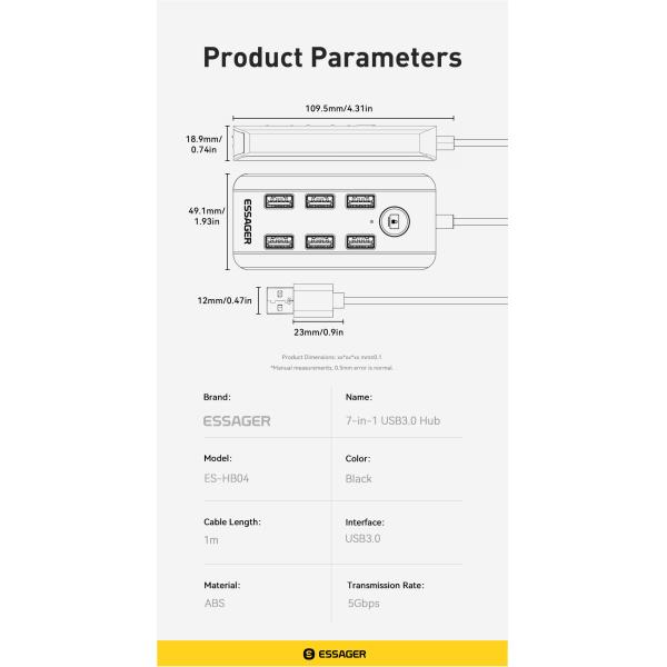 Essager ES-HB04 7-Port USB 3.0 Hub for Laptop PC 5Gbps Data Transfer