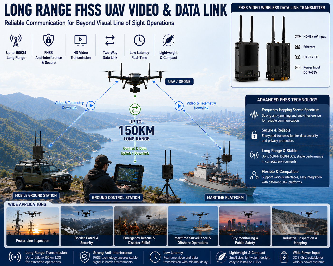 Long Range FHSS UAV Video & Data Link System (Up to 150km) for Drone Communication