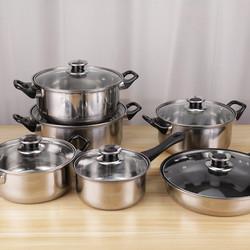 Family Kitchen Cooking Pot Cookware Set 12pcs Stainless Steel 410 Cookware Set with Black Handle
