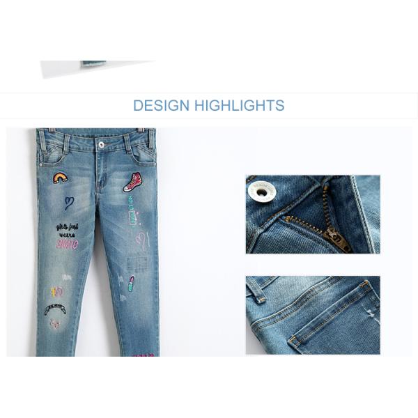 Stretch Girls Denim Clothes Jean Trousers With Custom Color Printed Embroidered Patch