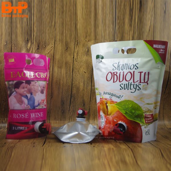 Customized 1L/3L/5L Butterfly Valve Stand up Beverage Juice Drink Double Bottom Bags Red Wine Liquid Packaging BIB Bag in Box