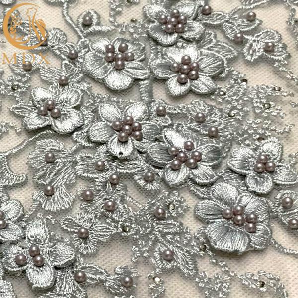 Tulle Lace Grey 3D Beaded Embroidery Fabric For Bridal Dress