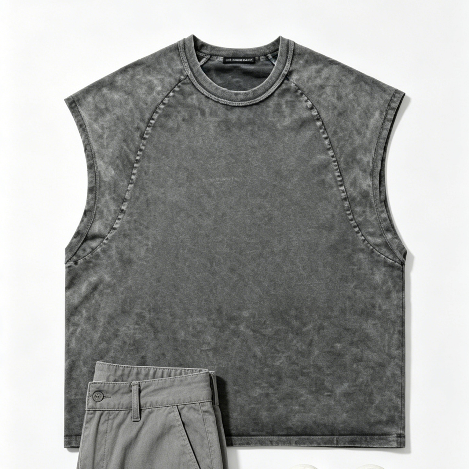 Crew Neck Mens Sleeveless Tank Top Dark Green / Silver Grey 100% Cotton Vest Vintage Washed